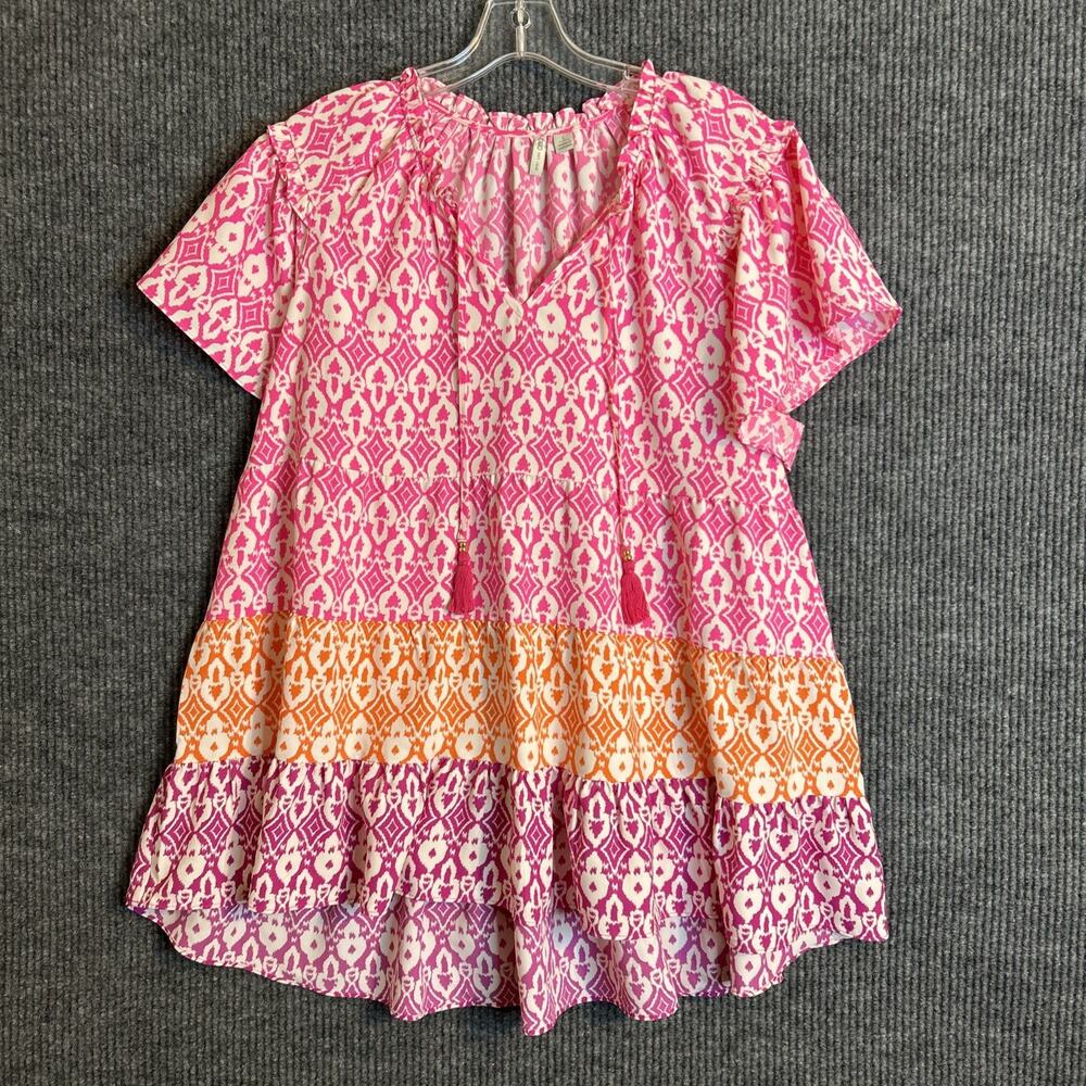 Cato Womens Tiered Blouse Size XL Multi Color Tassels Resort Boho Short Sleeve